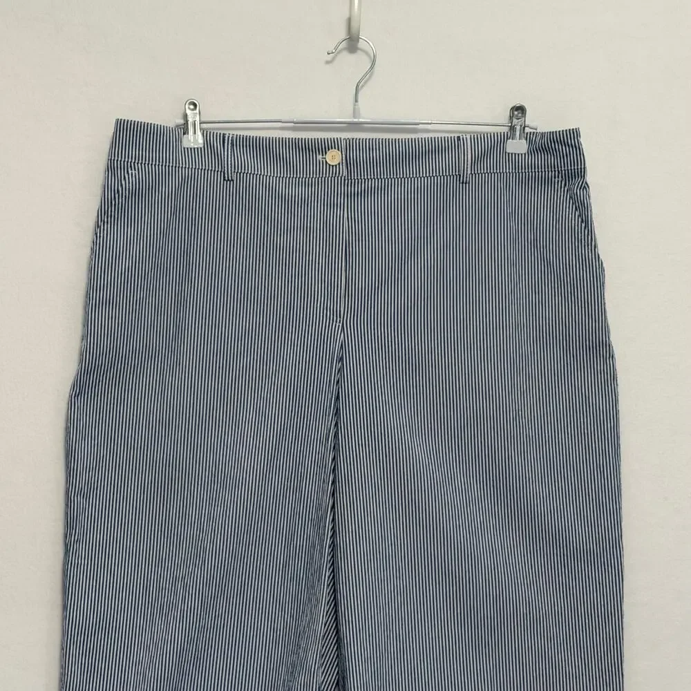 Akris Punto Cropped Seersucker Stretch Pants Blue White Striped Womens PLUS 18 - Picture 2 of 10